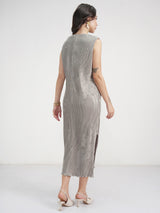 Women's Silver Ethnic Self-Design Regular Fit Sleeveless Dress