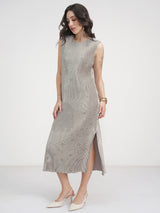 Women's Silver Ethnic Self-Design Regular Fit Sleeveless Dress