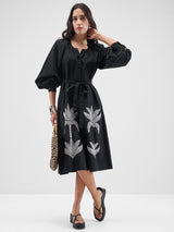 Women's Floral Print Puff Sleeve A-Line Midi Dress