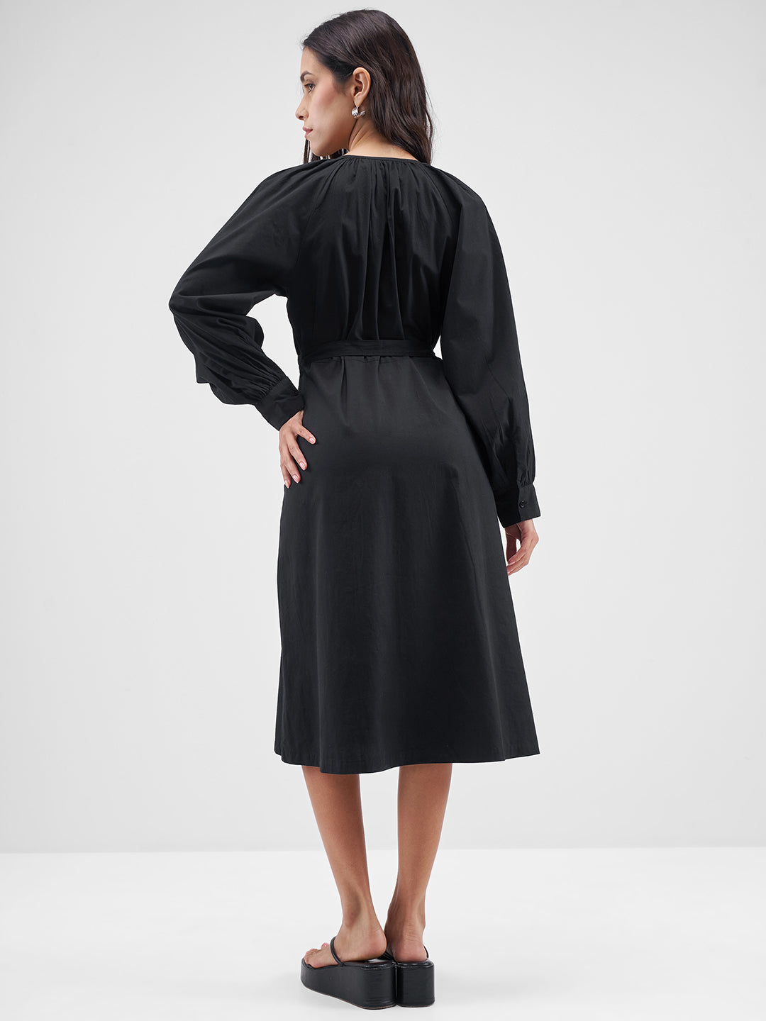 Women's Floral Print Puff Sleeve A-Line Midi Dress