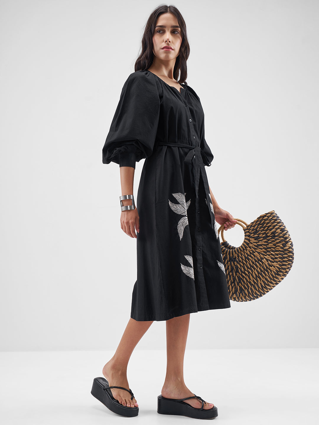 Women's Floral Print Puff Sleeve A-Line Midi Dress