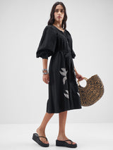 Women's Floral Print Puff Sleeve A-Line Midi Dress