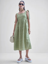 Women's Green Ethnic Floral Regular Fit Sleeveless Dress