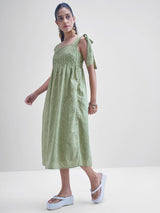 Women's Green Ethnic Floral Regular Fit Sleeveless Dress
