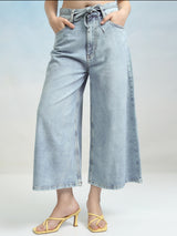 Women's Light Blue Casual Solid Culotte Fit Jeans