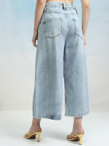 Women's Light Blue Casual Solid Culotte Fit Jeans