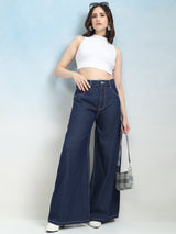 Women's Blue Casual Solid Wide Leg Jeans