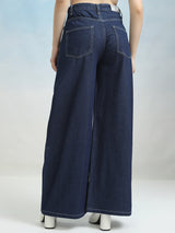 Women's Blue Casual Solid Wide Leg Jeans