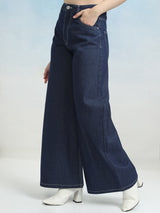 Women's Blue Casual Solid Wide Leg Jeans