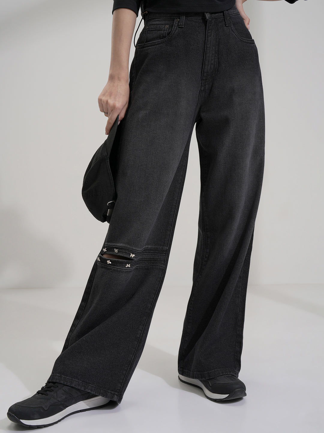 Women's Black Casual Solid Flared Jeans