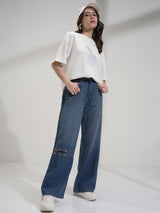 Women's Blue Casual Embellished Light Fade Flared High-Rise Stretchable Jeans
