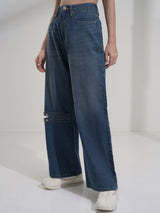 Women's Blue Casual Embellished Light Fade Flared High-Rise Stretchable Jeans