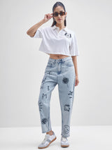 Women's Light Blue Casual Solid Mom Fit Jeans