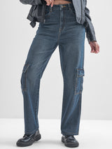 Women's Dark Blue Casual Mid-Rise Cargo Styles Stretchable Jeans