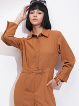 Women's Brown Casual Solid Regular Fit Full Sleeve Jumpsuit