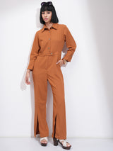 Women's Brown Casual Solid Regular Fit Full Sleeve Jumpsuit