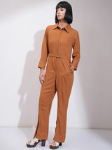Women's Brown Casual Solid Regular Fit Full Sleeve Jumpsuit