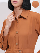 Women's Brown Casual Solid Regular Fit Full Sleeve Jumpsuit