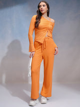 Women's Orange Casual Solid Wide Leg Trouser