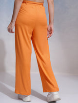 Women's Orange Casual Solid Wide Leg Trouser