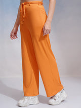 Women's Orange Casual Solid Wide Leg Trouser