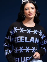 Women's Jet Black Casual Self-Design Full Sleeves Sweater