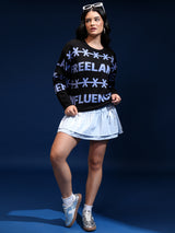 Women's Jet Black Casual Self-Design Full Sleeves Sweater