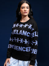 Women's Jet Black Casual Self-Design Full Sleeves Sweater