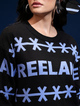 Women's Jet Black Casual Self-Design Full Sleeves Sweater