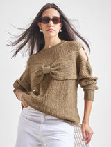 Women's Brown Casual Self-Design Full Sleeves Sweater