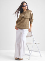 Women's Brown Casual Self-Design Full Sleeves Sweater