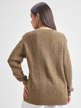 Women's Brown Casual Self-Design Full Sleeves Sweater