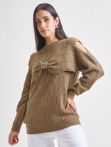 Women's Brown Casual Self-Design Full Sleeves Sweater