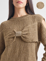 Women's Brown Casual Self-Design Full Sleeves Sweater
