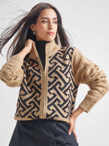 Women's Tan Casual Self-Design Full Sleeves Sweater