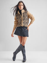 Women's Tan Casual Self-Design Full Sleeves Sweater