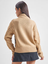 Women's Tan Casual Self-Design Full Sleeves Sweater