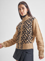 Women's Tan Casual Self-Design Full Sleeves Sweater