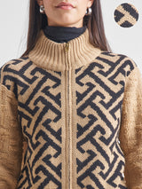 Women's Tan Casual Self-Design Full Sleeves Sweater