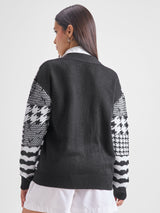 Women's Jet Black Casual Self-Design Full Sleeves Sweater