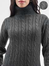 Women's Charcoal Casual Self-Design Full Sleeves Sweater