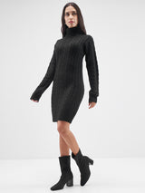 Women's Jet Black Casual Self-Design Full Sleeves Sweater