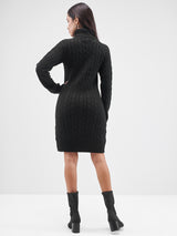 Women's Jet Black Casual Self-Design Full Sleeves Sweater