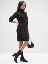 Women's Jet Black Casual Self-Design Full Sleeves Sweater