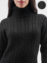 Women's Jet Black Casual Self-Design Full Sleeves Sweater