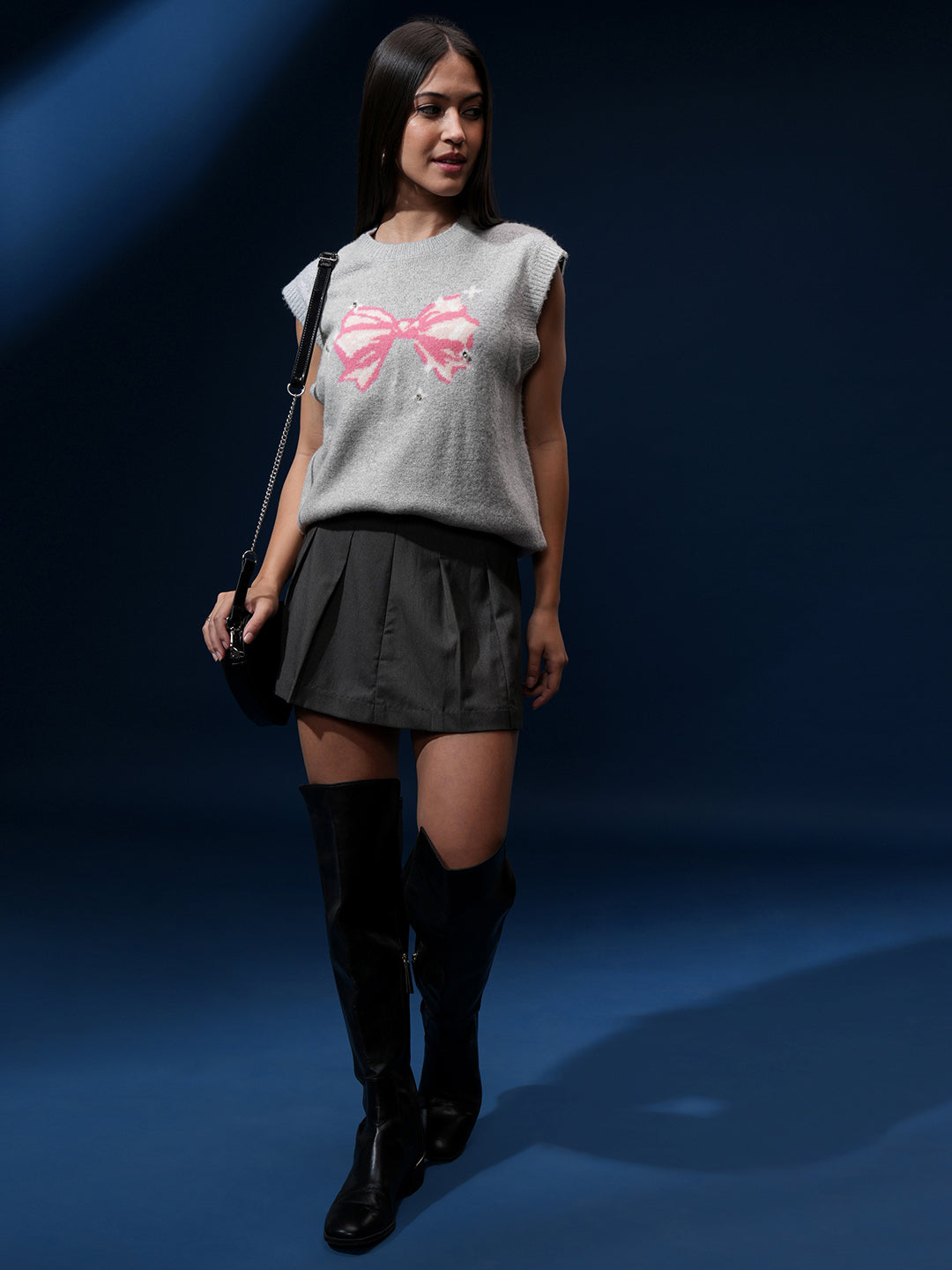 Women's Grey Casual Self-Design Sleeveless Sweater