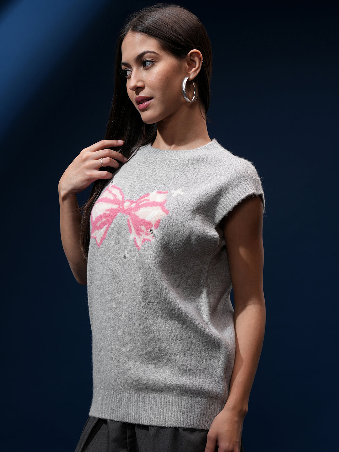 Women's Grey Casual Self-Design Sleeveless Sweater