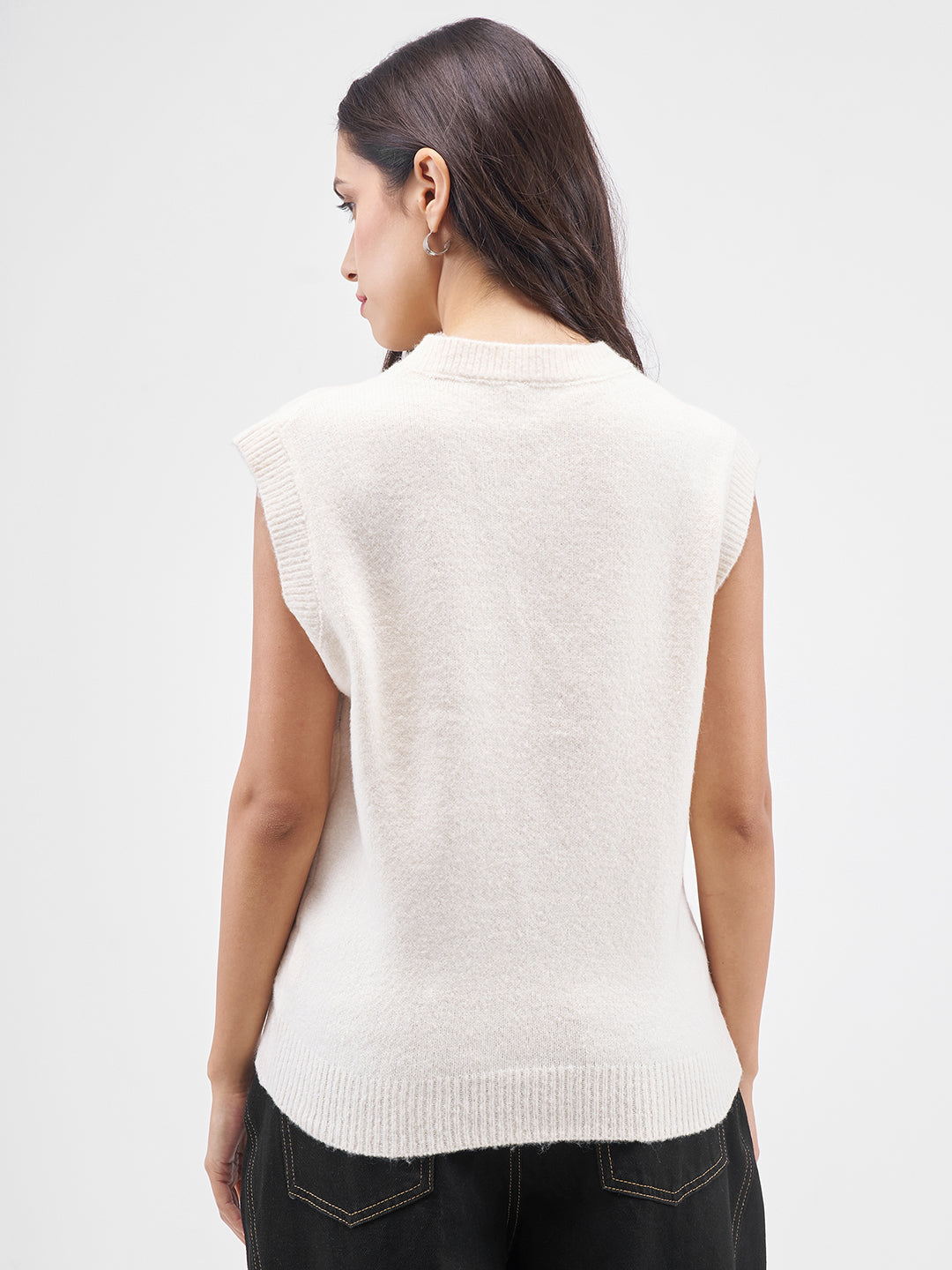 Women's White Casual Self-Design Sleeveless Sweater