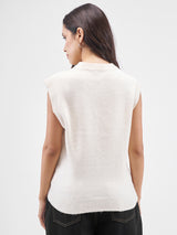 Women's White Casual Self-Design Sleeveless Sweater