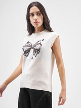 Women's White Casual Self-Design Sleeveless Sweater